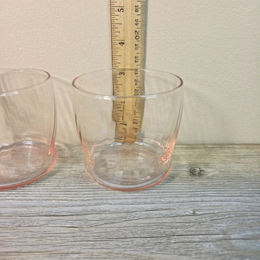 Vintage Pink Glass Tumblers Set 2 Wavy Optic Ripple Juice Water Drinking Glasses